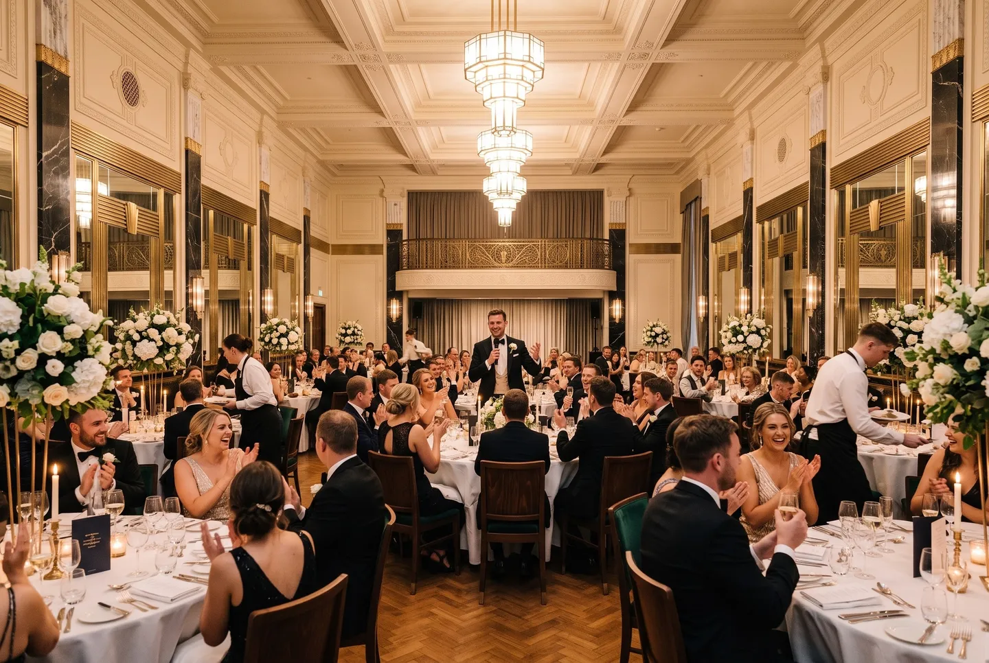 Guests raise their glasses during a speech at a wedding dinner in the Ballroom at Longman Hotel