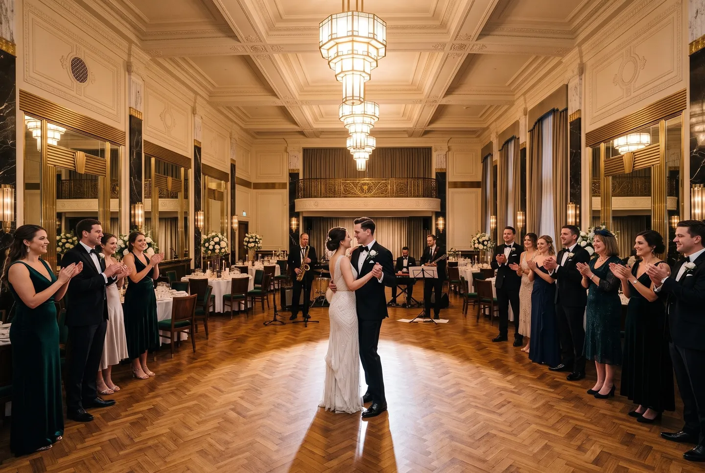 A couple’s first dance in the Ballroom at Longman Hotel, with a band playing in the musicians’ gallery