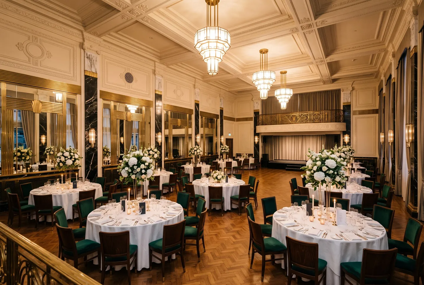 The Art Deco Ballroom at Longman Hotel set for dinner, with emerald velvet chairs and tiered chandeliers