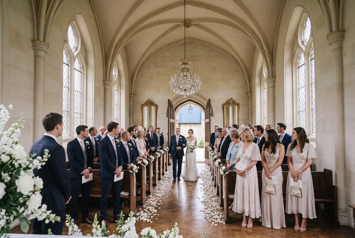 A bride enters the chapel at Carter’s Chateau on her father’s arm as guests stand in the pews