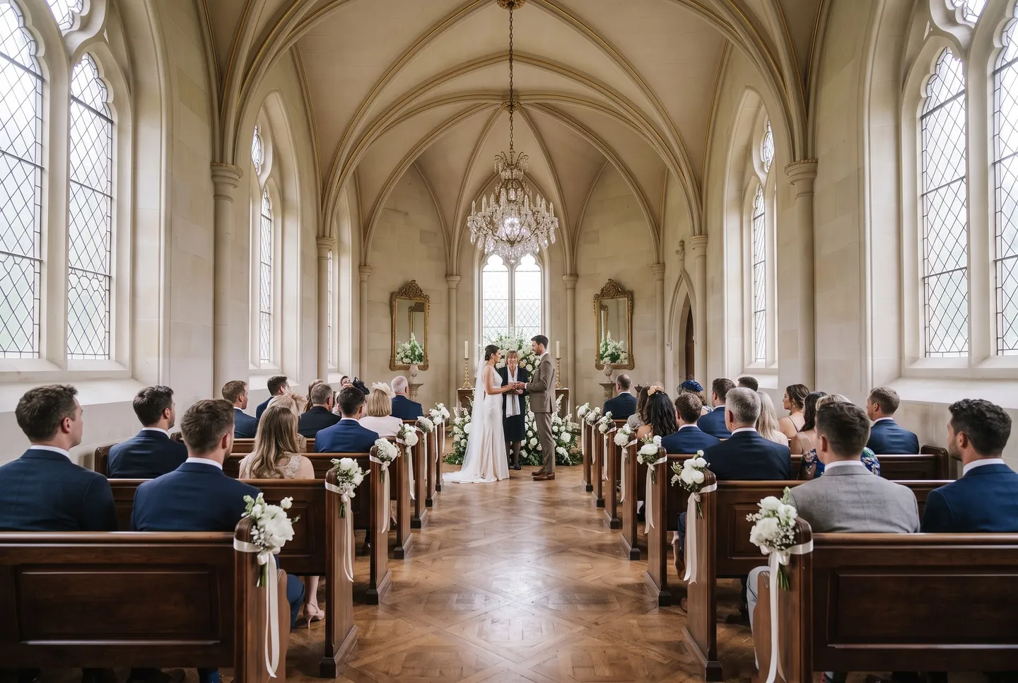 A couple exchange rings at the altar of the chapel at Carter’s Chateau