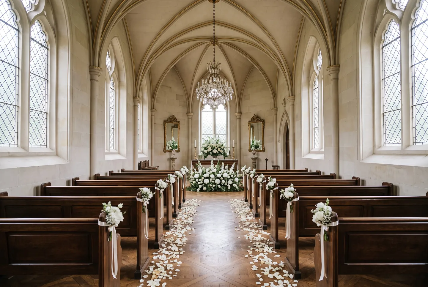 The stone chapel at Carter’s Chateau set for a ceremony, with flowers on the oak pews and petals along the aisle