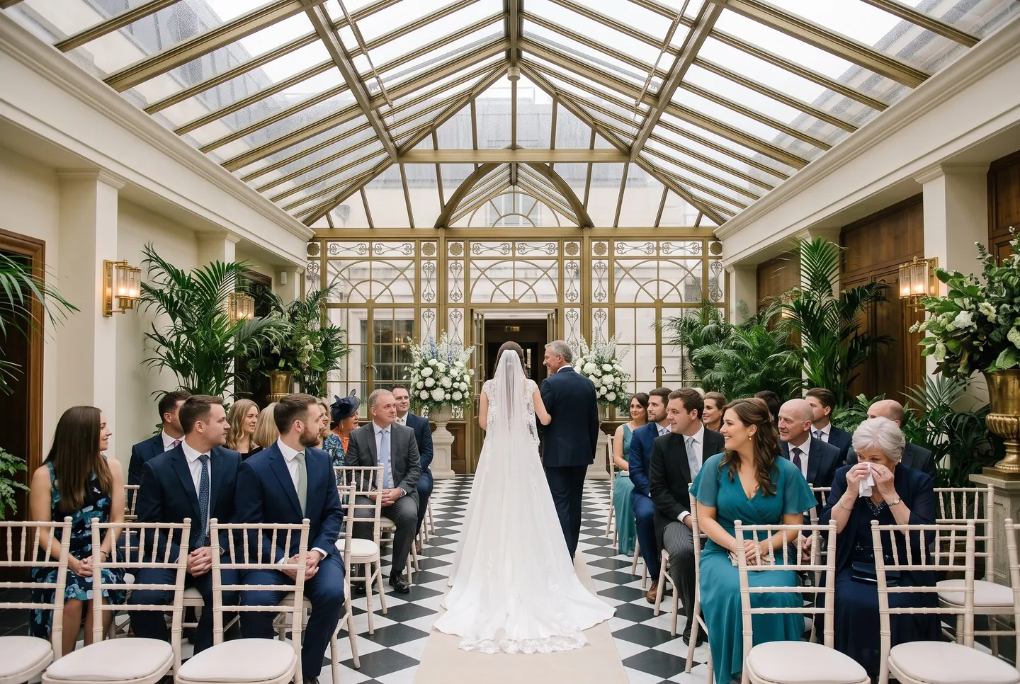 A bride walks up the aisle of the Conservatory at Longman Hotel on her father’s arm