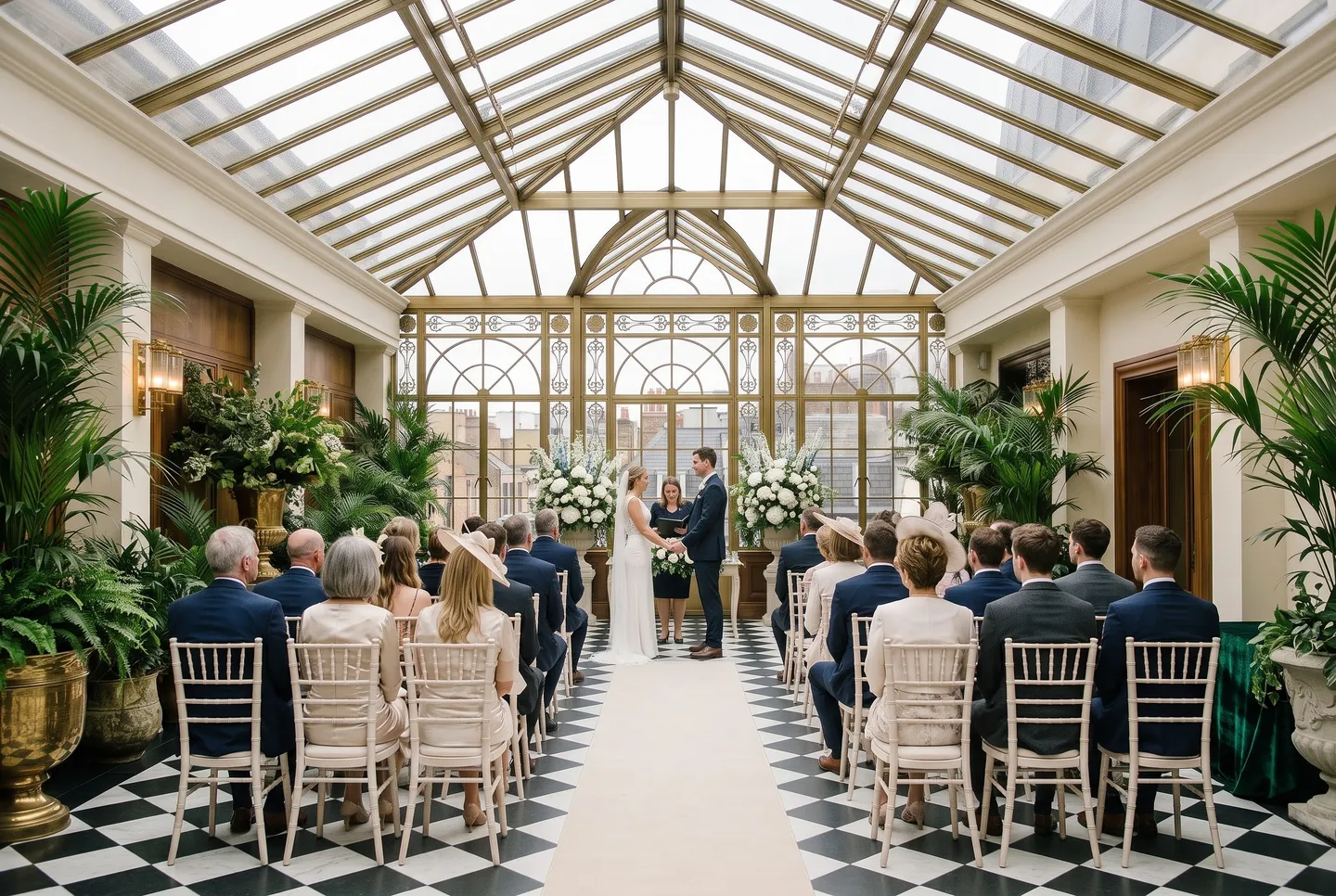 A couple exchange vows in the Conservatory at Longman Hotel as seated guests look on