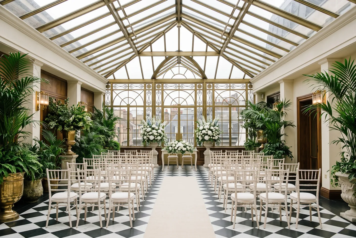 The glass-roofed Conservatory at Longman Hotel set for a ceremony, with white chairs either side of the aisle