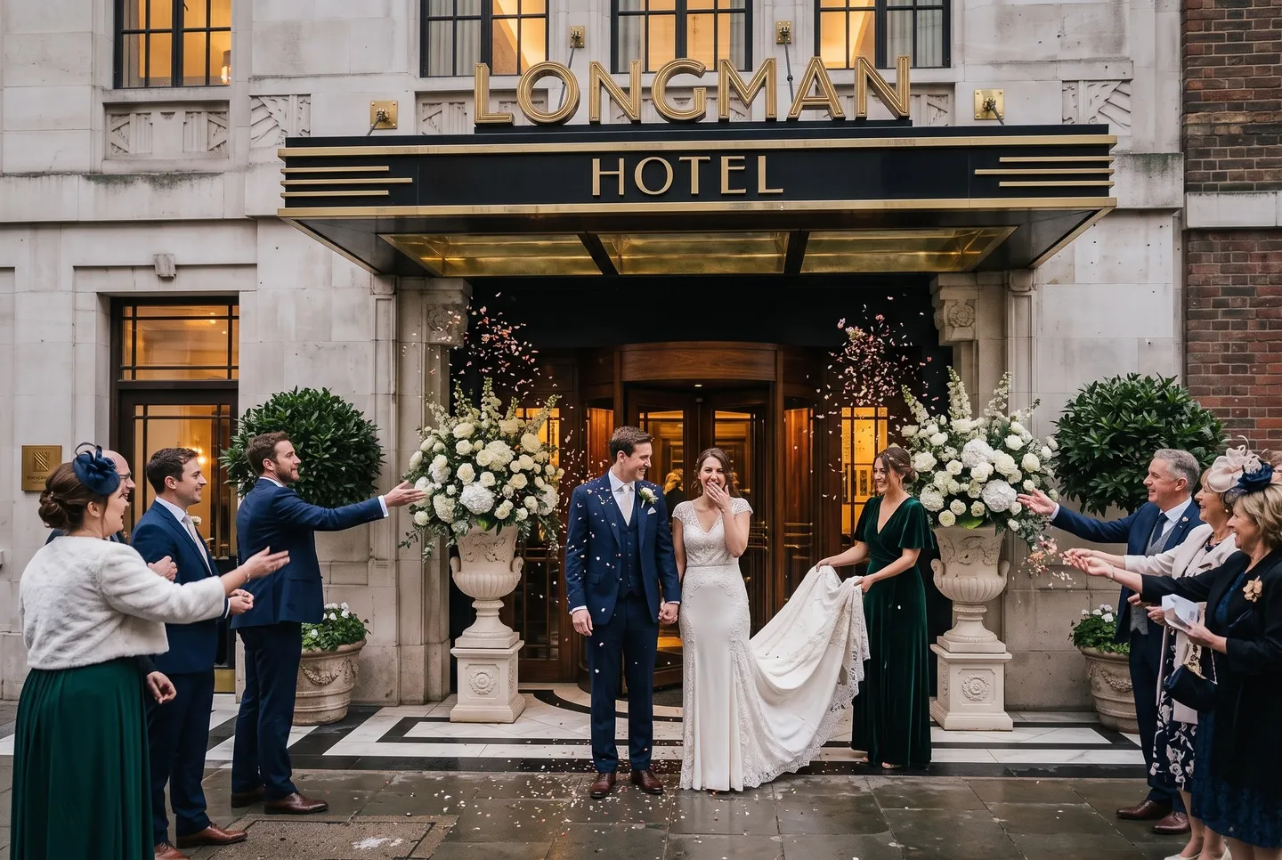Guests throw confetti as a newly married couple leave Longman Hotel under its brass entrance canopy