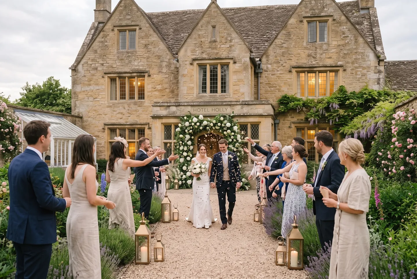Guests throw petal confetti as a newly married couple walk down the garden path at Hotel Holly