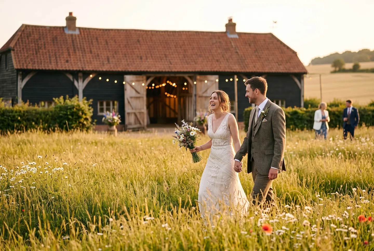 A couple walk hand in hand through long grass beside The Wedding Barn at sunset