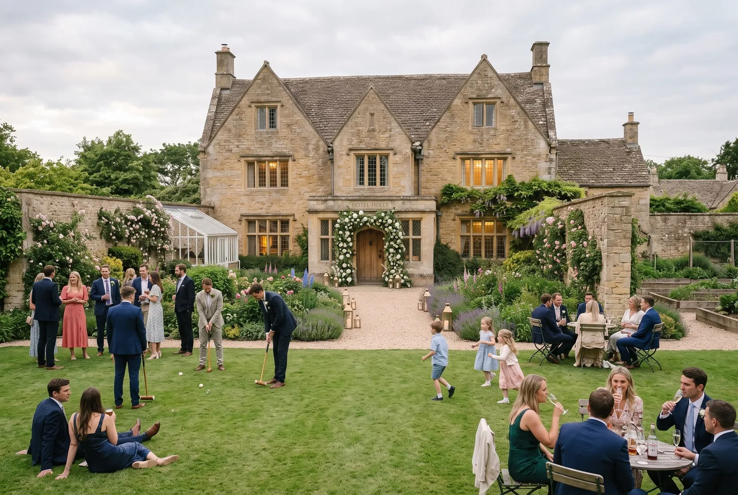 Guests relax with drinks and play croquet on the lawn in front of Hotel Holly