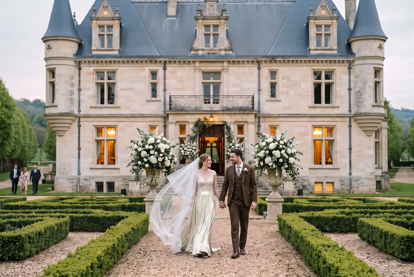 A couple walk hand in hand through the box parterre at Carter’s Chateau