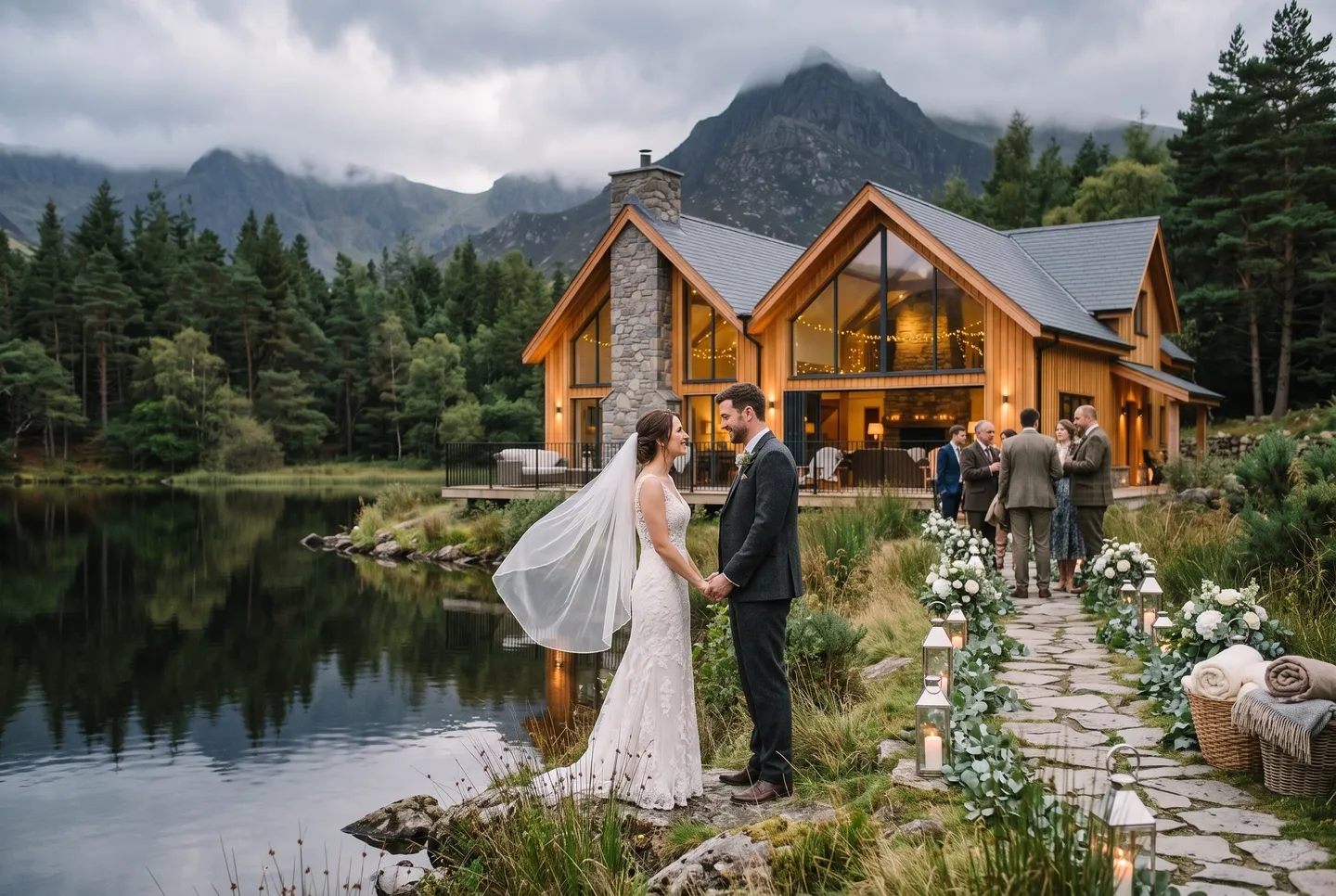 A couple stand at the water’s edge with Mountain Lodge and misty mountains behind them