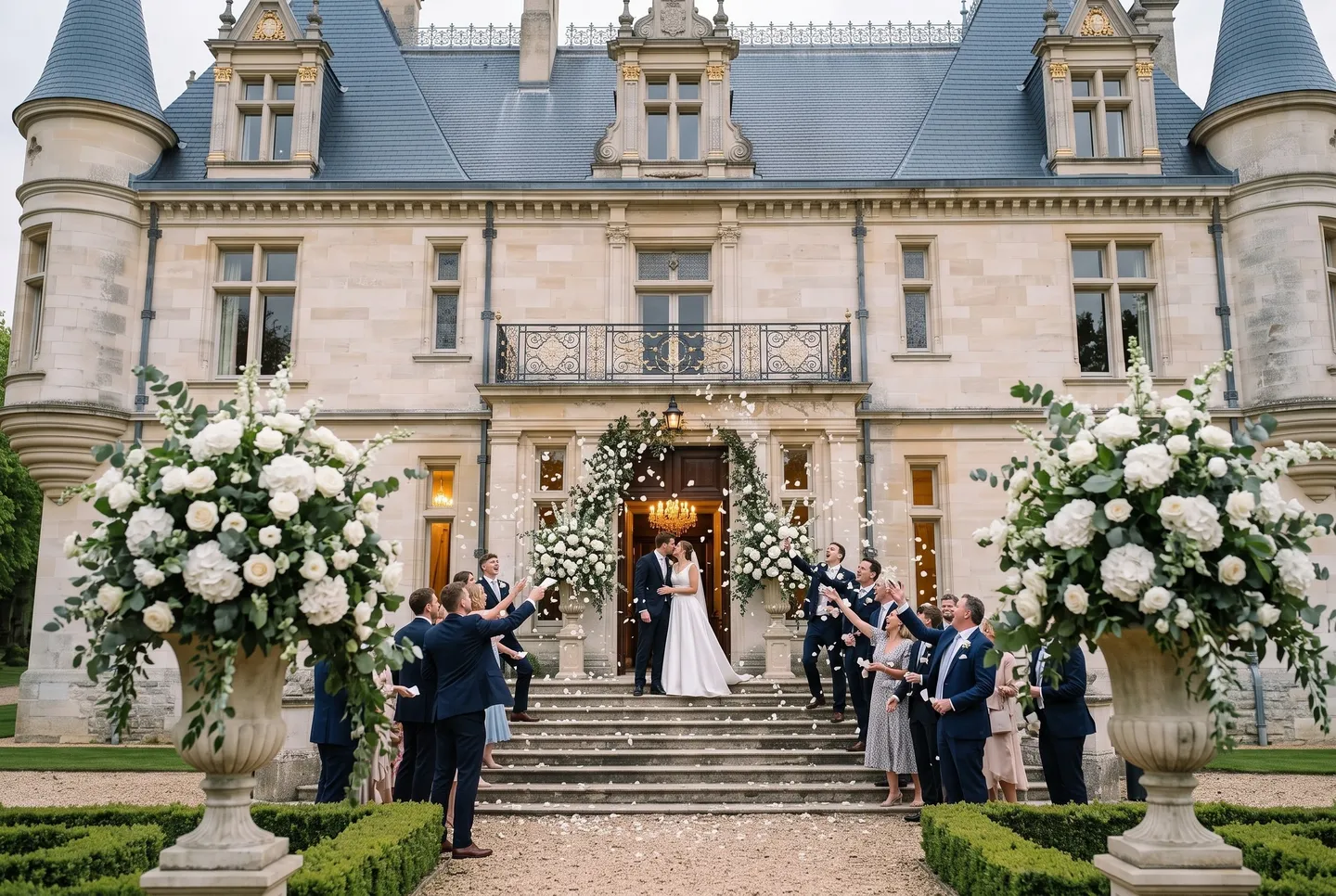Guests throw confetti as a newly married couple stand at the top of the steps at Carter’s Chateau