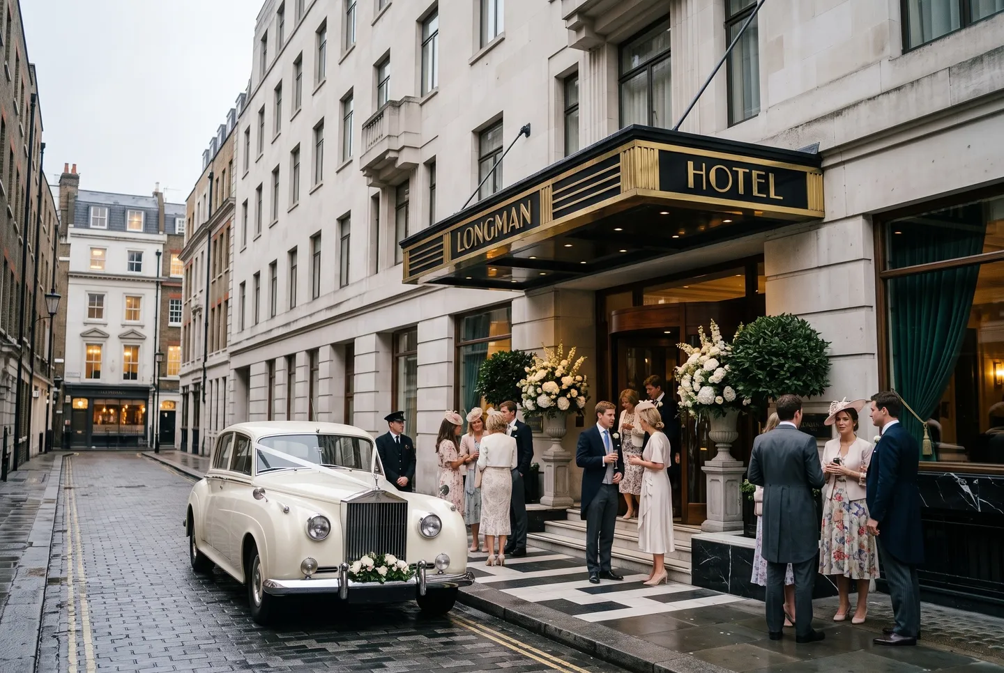 A cream vintage wedding car waits outside Longman Hotel as guests chat on the steps