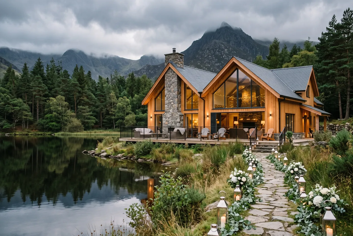 Mountain Lodge, a timber lodge with a glazed gable, on the shore of a mountain lake among pine trees
