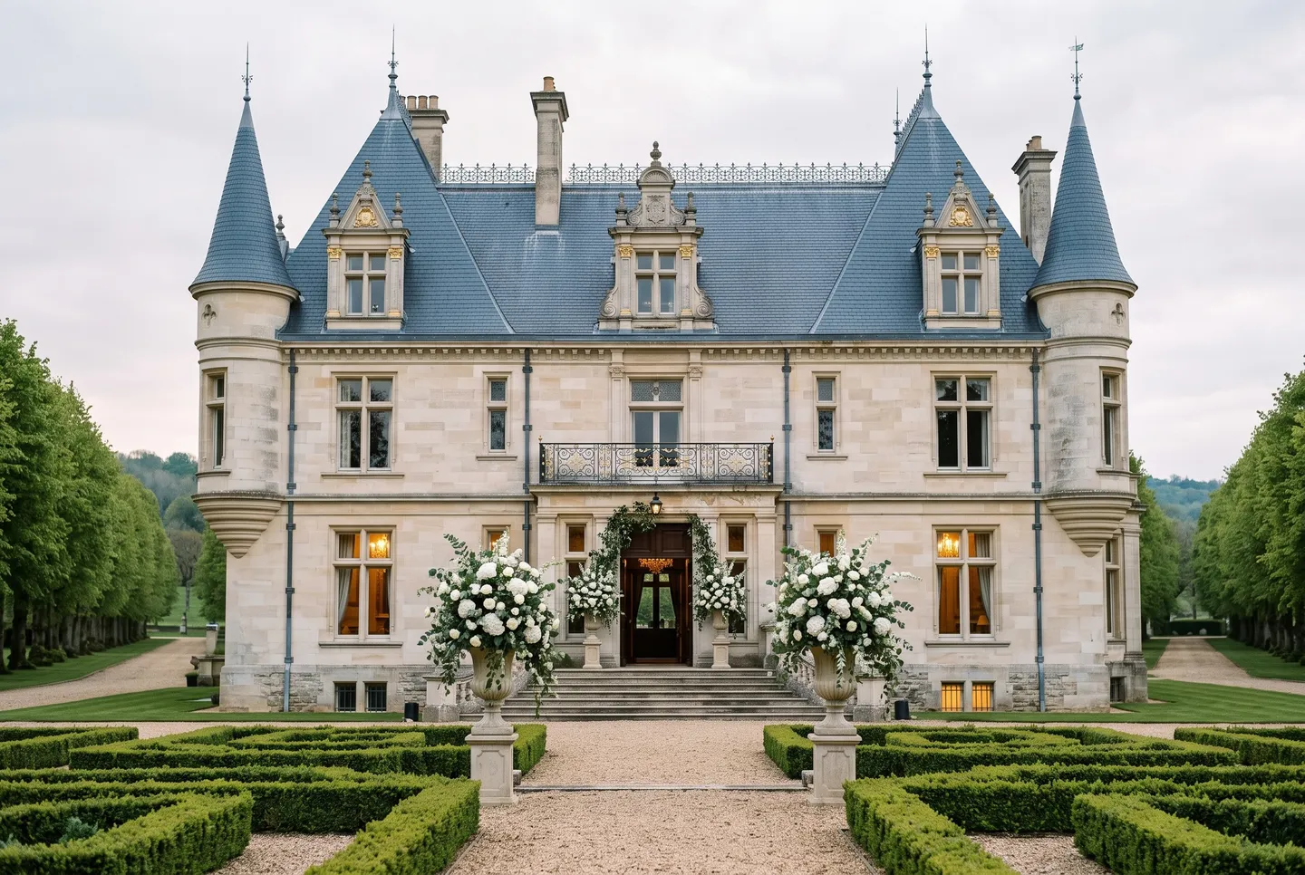 Carter’s Chateau, a slate-roofed house with conical turrets, behind a formal box parterre