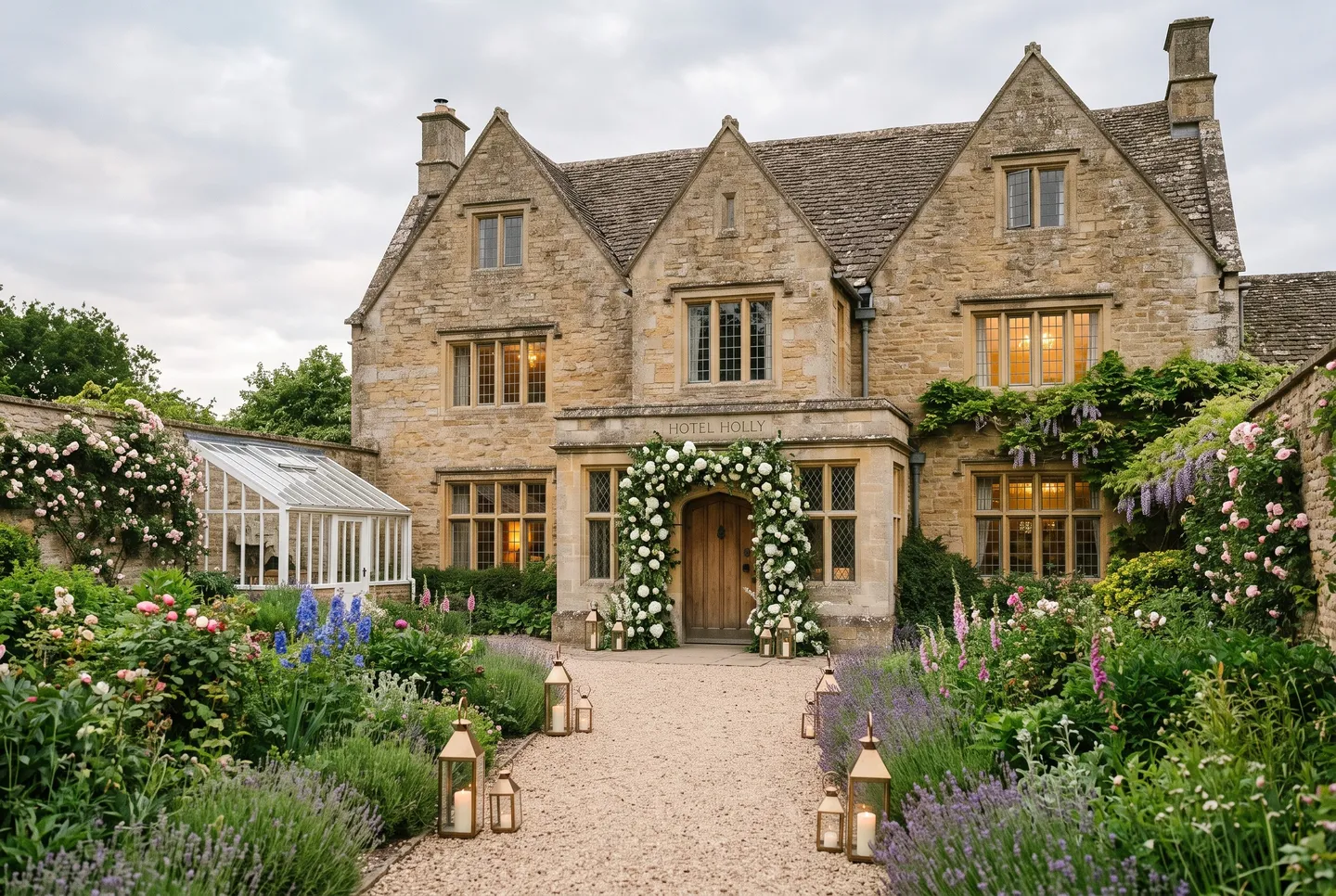 Hotel Holly, a gabled Cotswold stone house behind a walled garden, with lanterns along the path