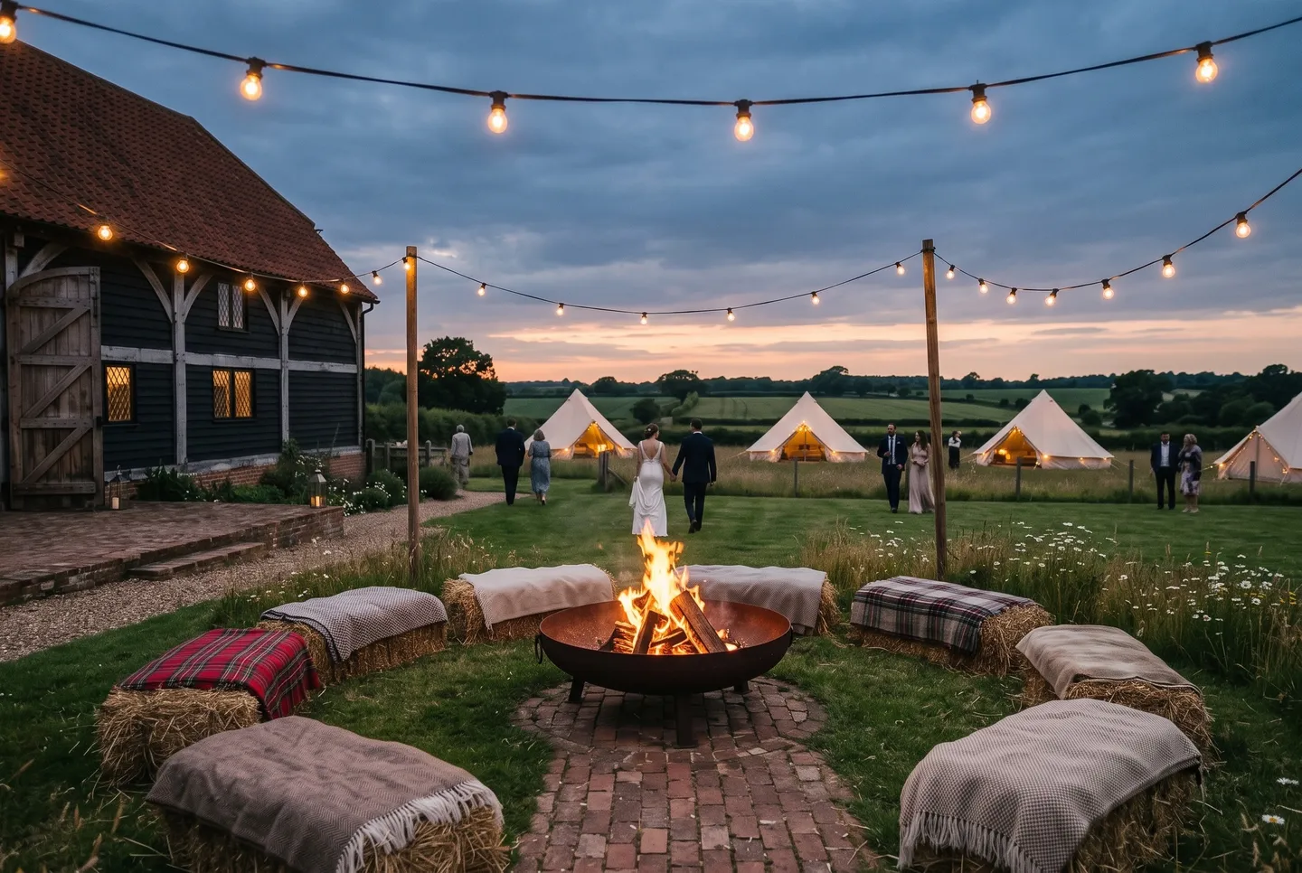 Lit bell tents in the meadow beyond the fire pit at The Wedding Barn
