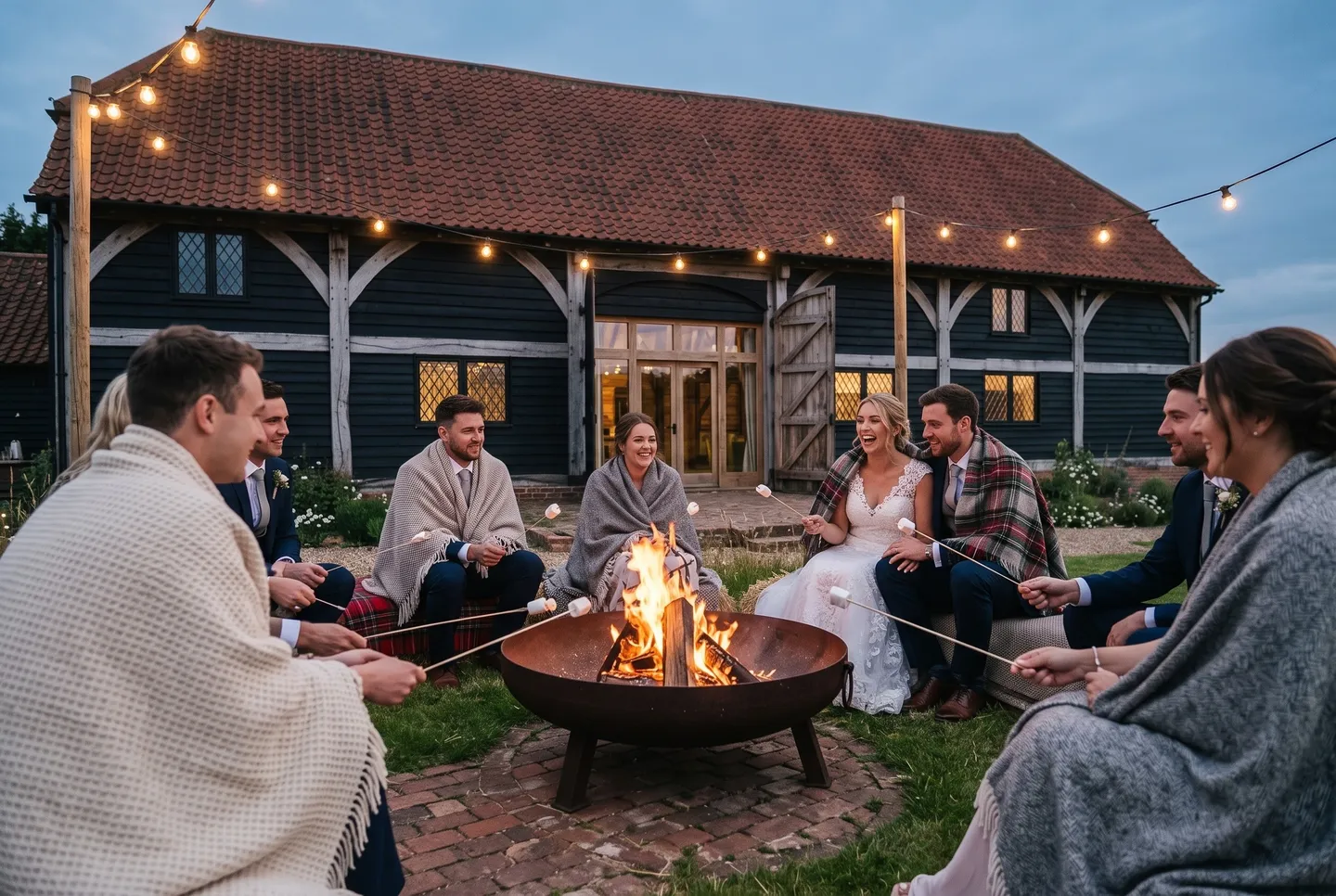 Guests wrapped in blankets toast marshmallows round the fire pit at The Wedding Barn