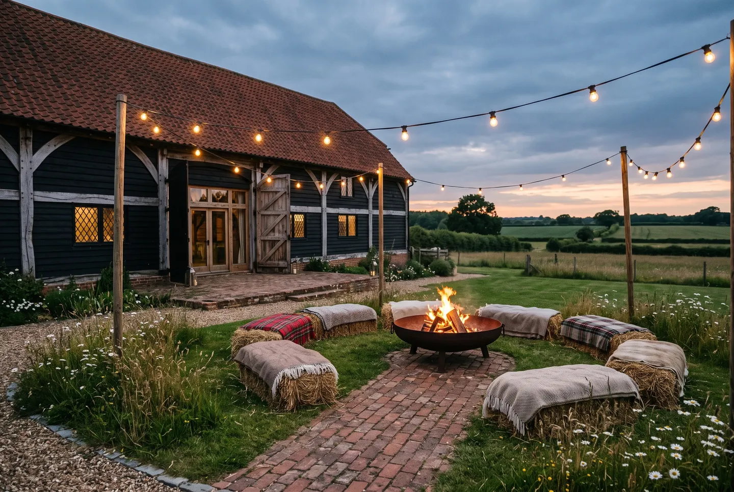 The Fire Pit Lawn at The Wedding Barn at dusk, with hay bales and blankets round the fire under festoon lights