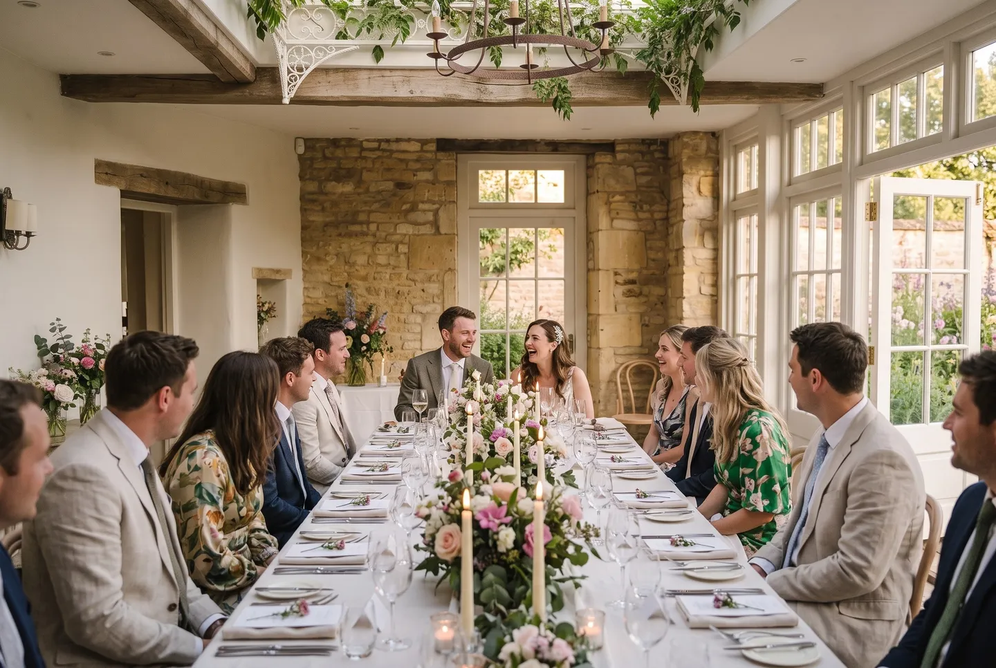 Guests talk by candlelight around the long table in the Garden Room at Hotel Holly