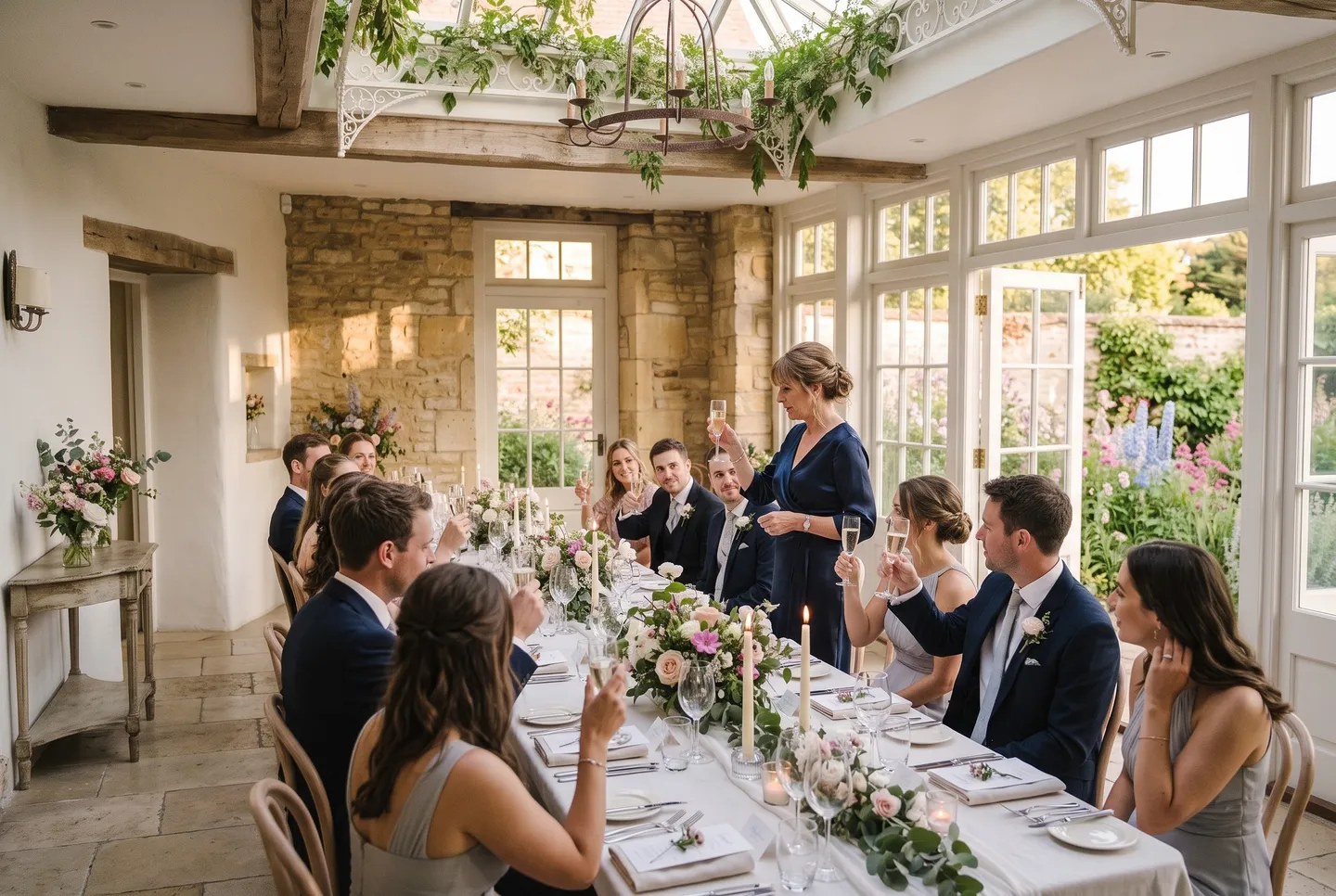 The bride’s mother gives a toast at an intimate dinner in the Garden Room at Hotel Holly
