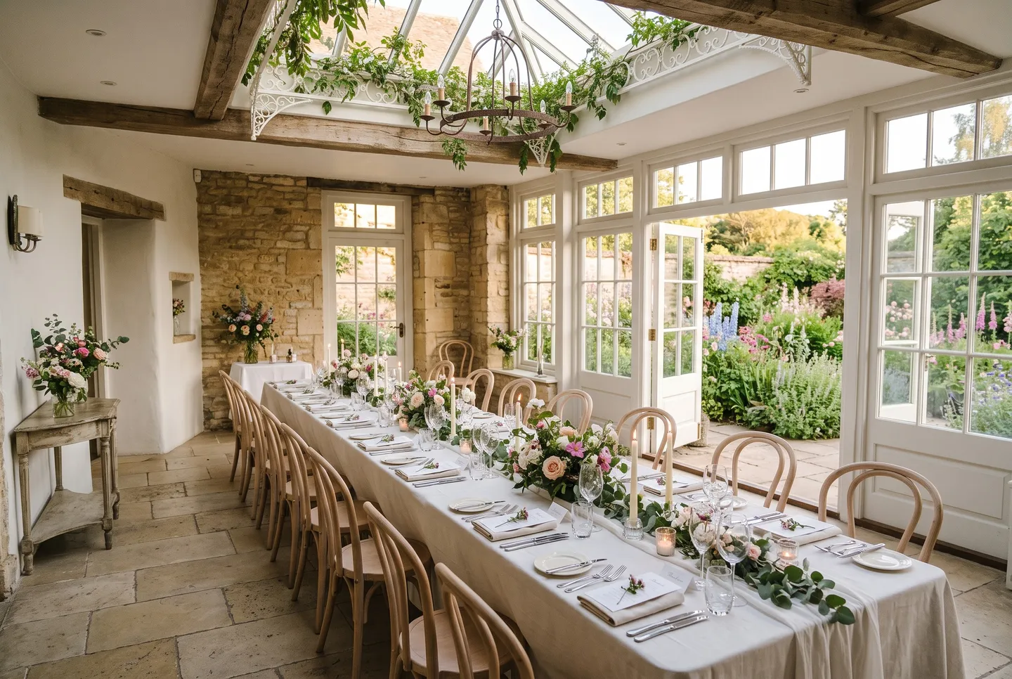 The Garden Room at Hotel Holly, with limewashed walls, tall windows and a long table set for dinner