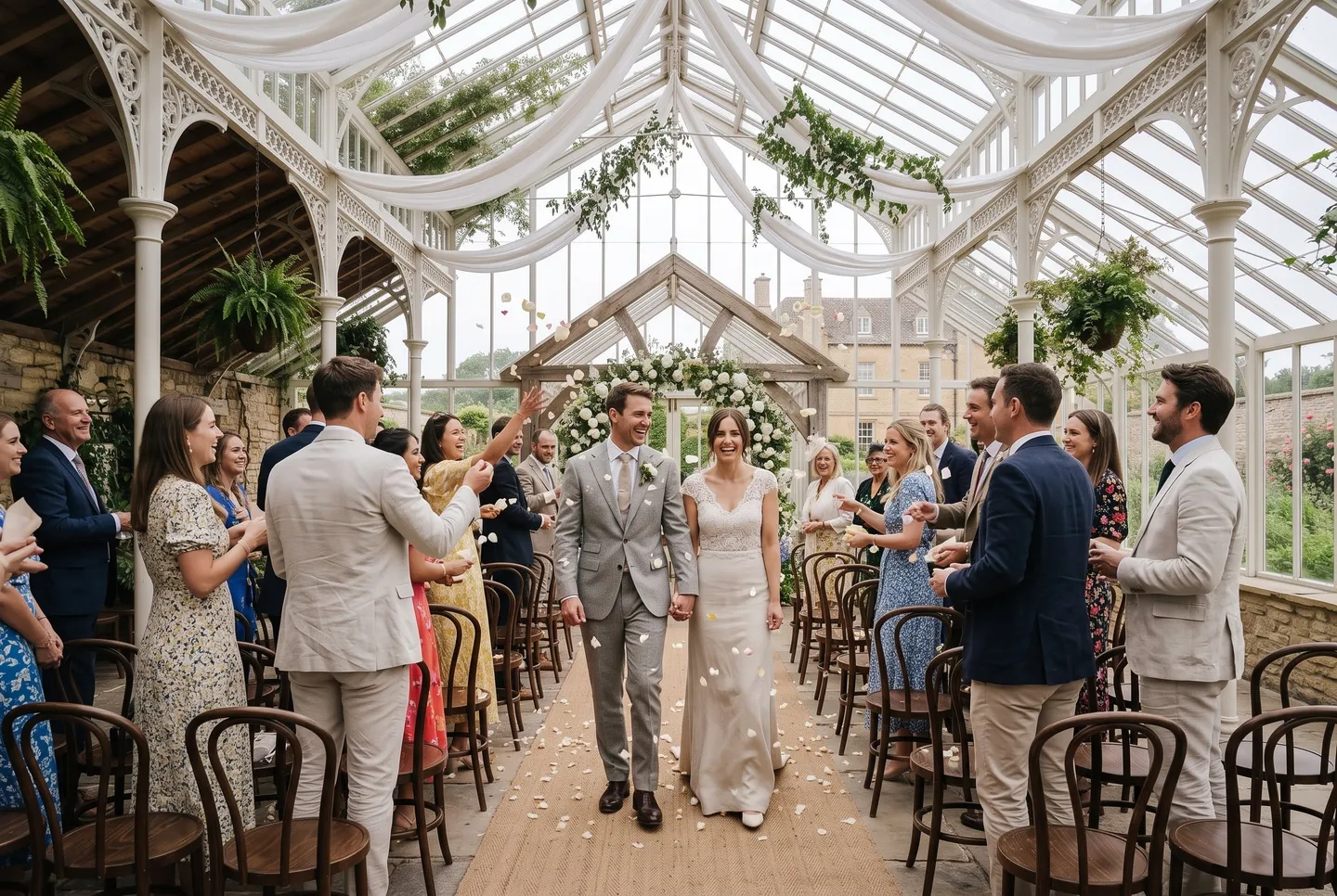 Guests throw petals as a just-married couple walk back down the aisle of the Glasshouse at Hotel Holly