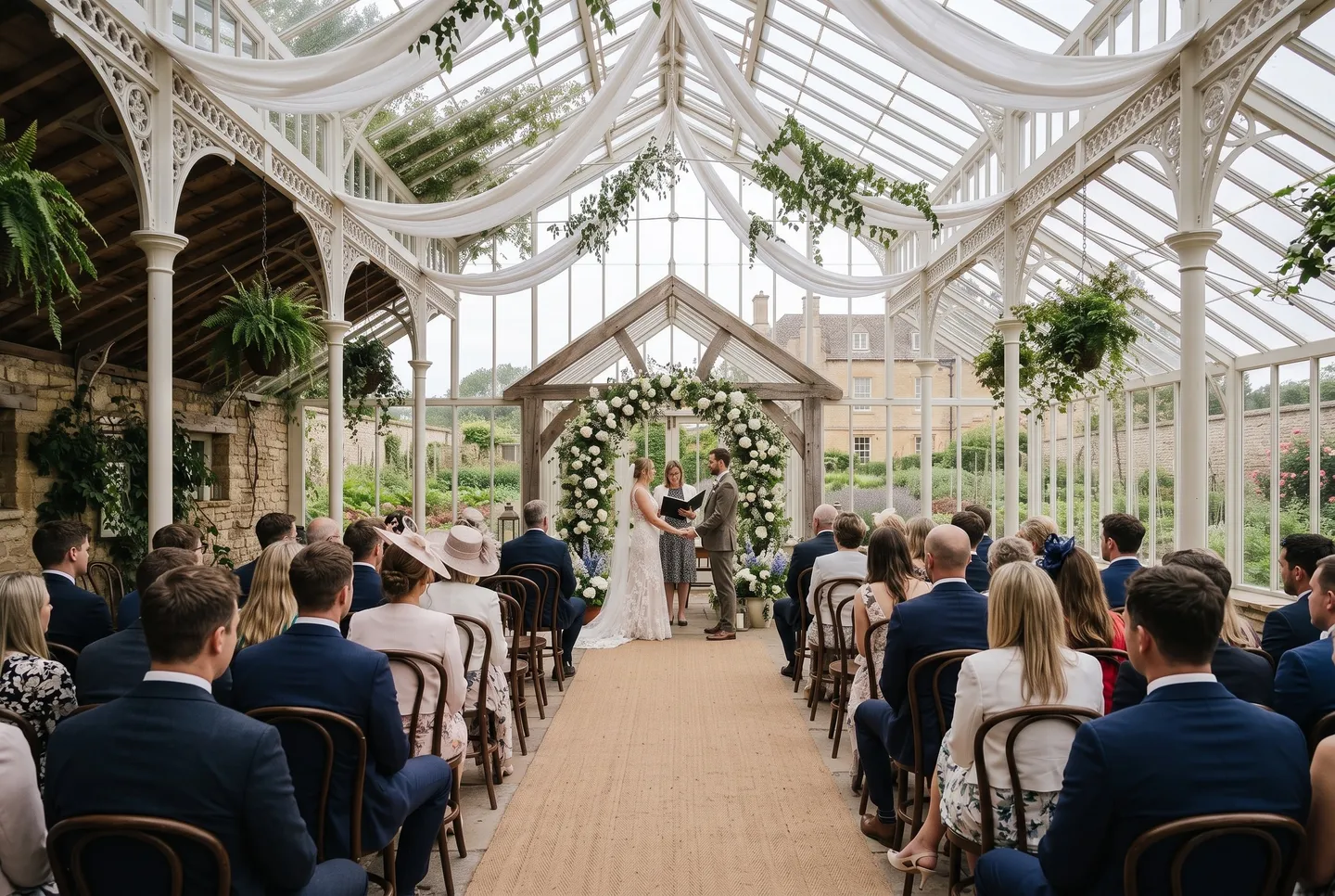 A couple exchange vows in the Glasshouse at Hotel Holly as seated guests look on