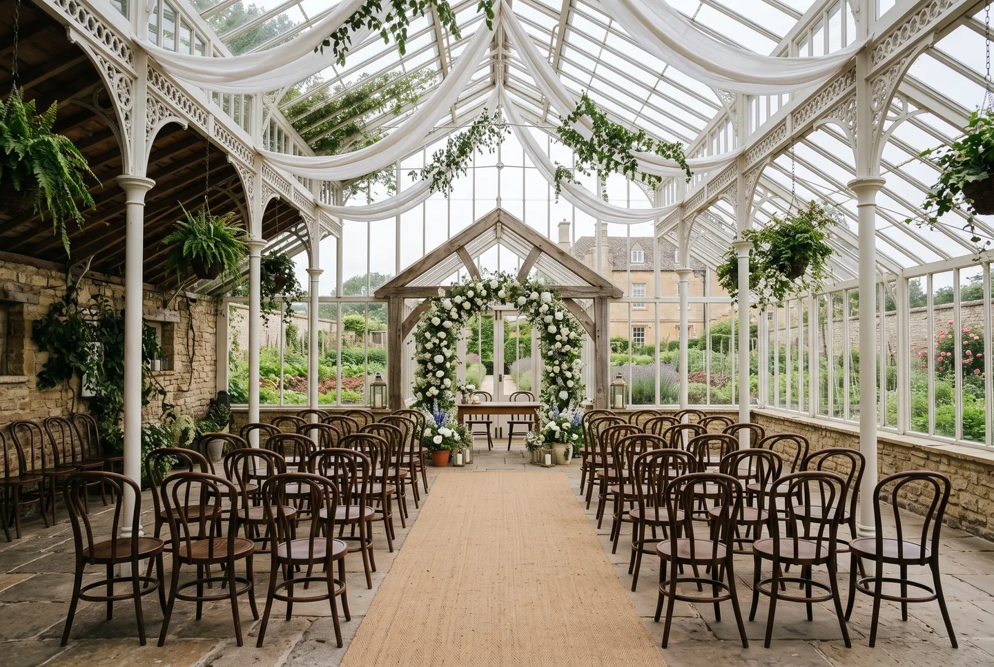 The linen-draped Glasshouse at Hotel Holly set for a ceremony, with wooden chairs either side of the aisle
