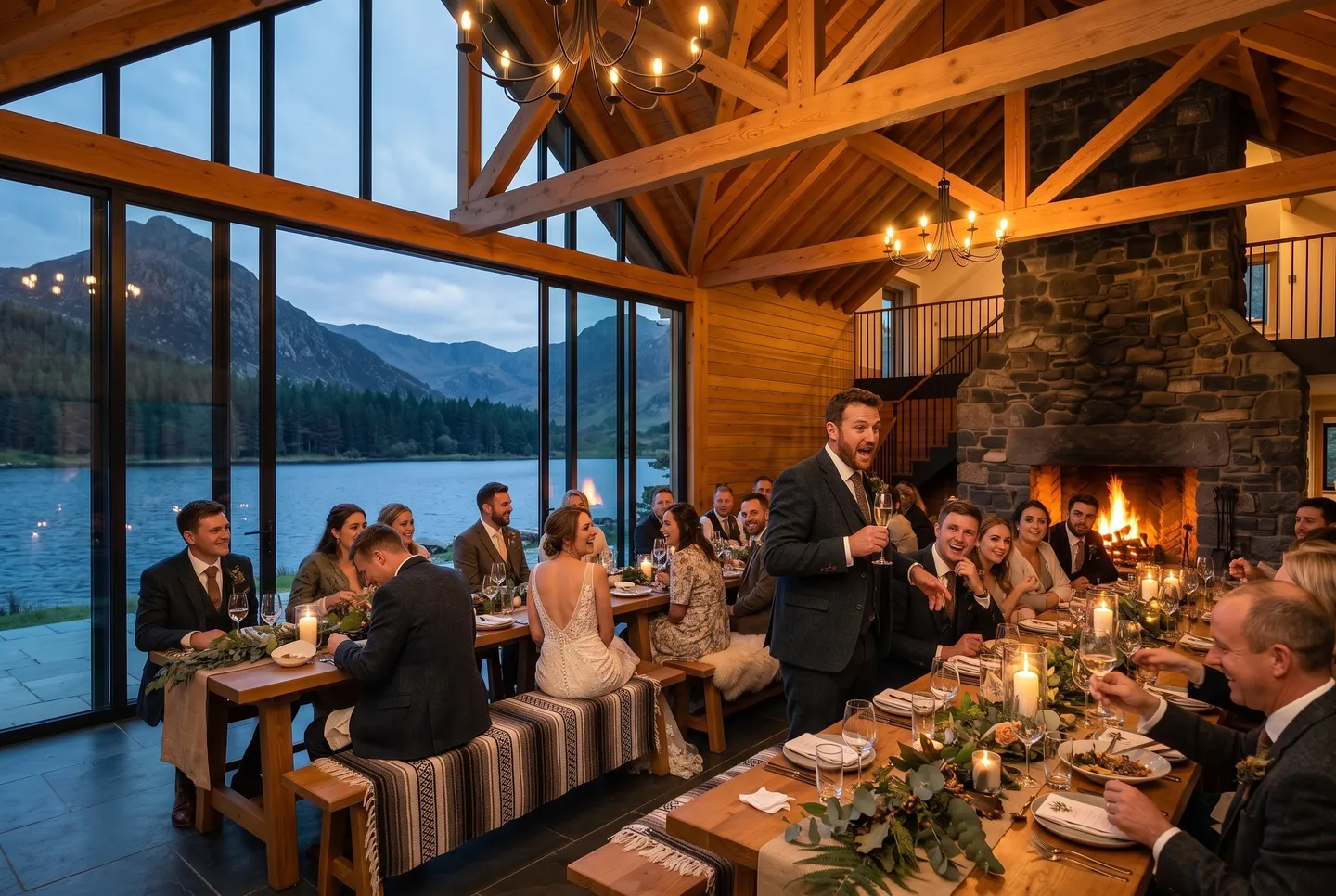 The best man gives a speech at a wedding dinner by the fire in the Great Hall at Mountain Lodge