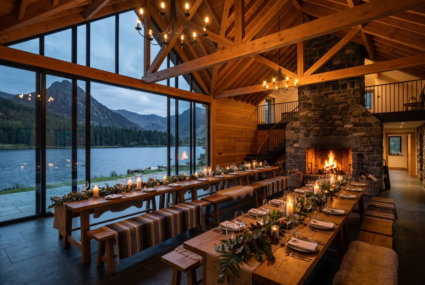 The Great Hall at Mountain Lodge set for dinner, with timber trusses, a stone fireplace and a glass wall facing the lake