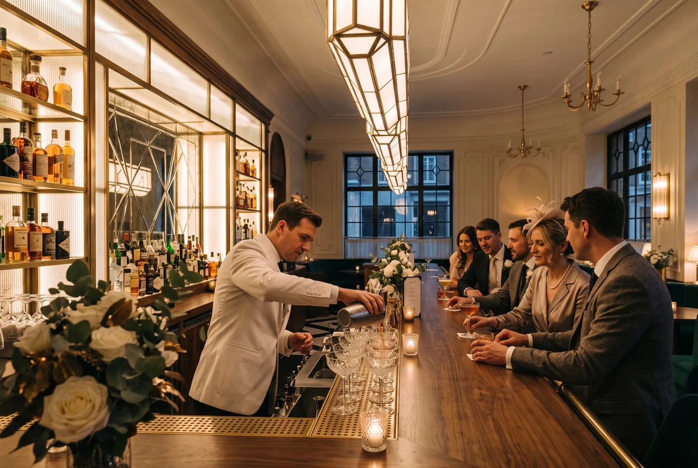 A bartender in a white jacket pours cocktails into a row of coupes at the Long Bar at Longman Hotel