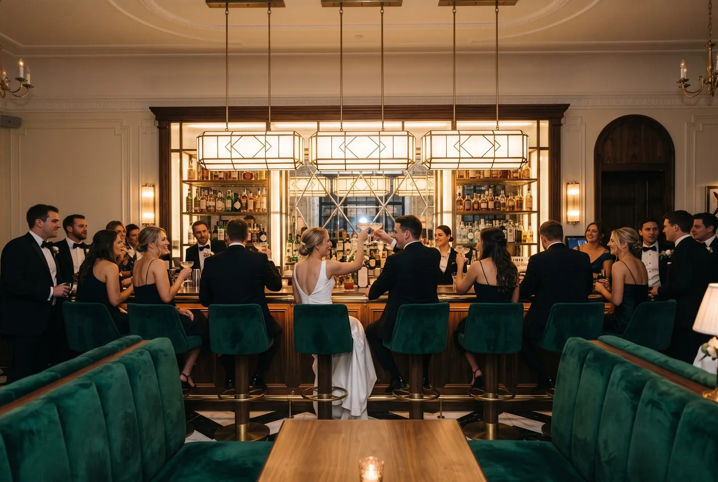 Wedding guests crowd the Long Bar at Longman Hotel late in the evening as the couple raise a toast