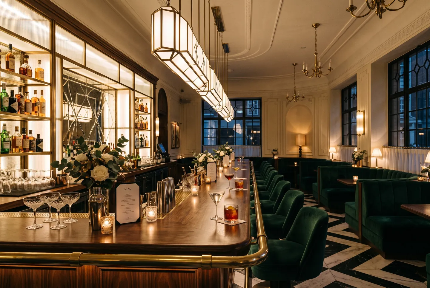 The walnut Long Bar at Longman Hotel, with a backlit mirrored back bar and emerald velvet stools