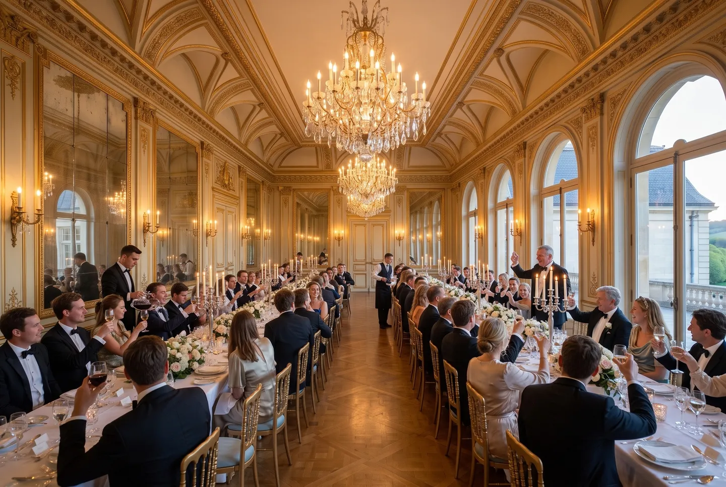 The father of the bride gives a speech at a candlelit dinner in the Mirror Room at Carter’s Chateau