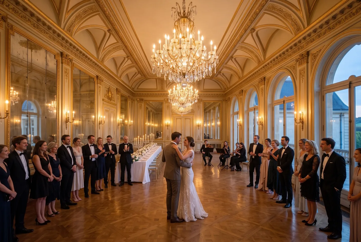 A couple’s first dance beneath the chandeliers of the Mirror Room at Carter’s Chateau
