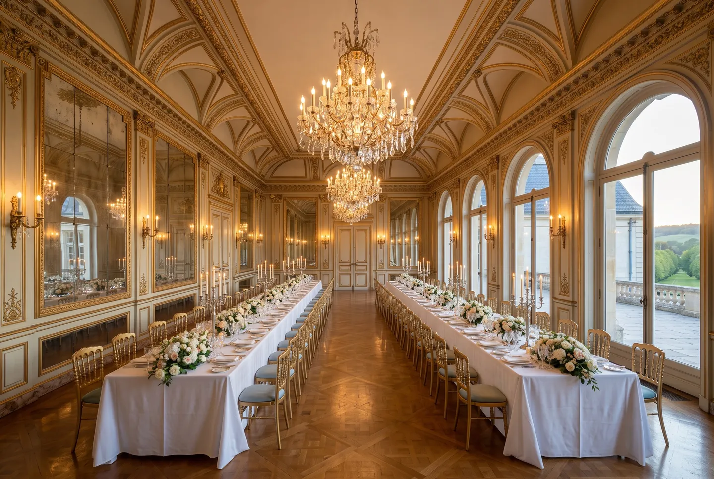 The Mirror Room at Carter’s Chateau set for dinner, with gilded mirrors, chandeliers and gold chairs