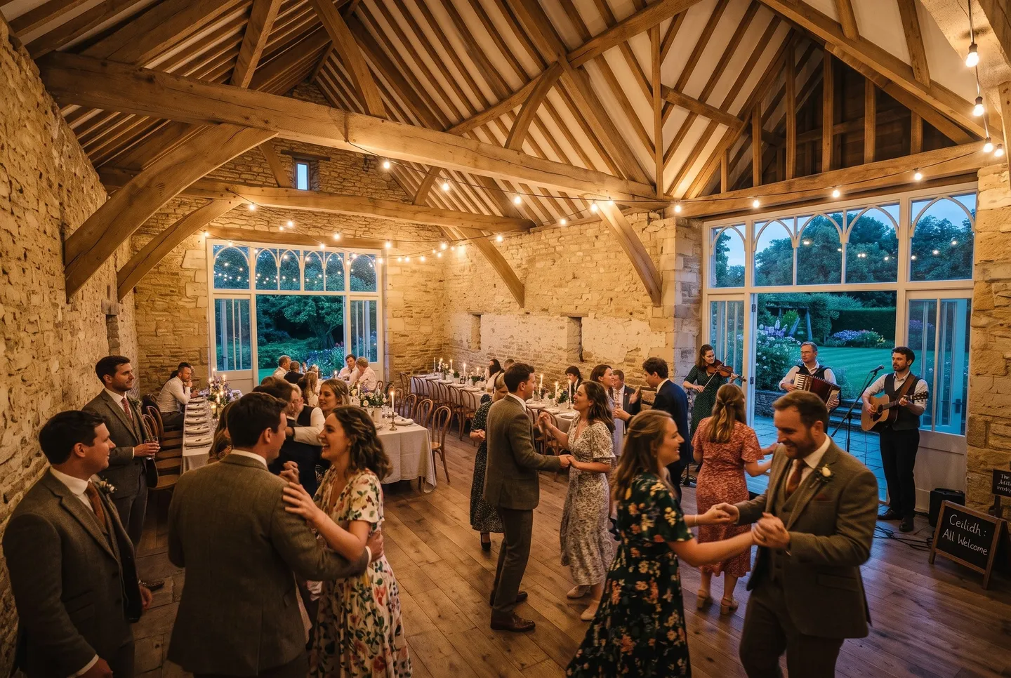 Guests dance a ceilidh to a folk band in the Old Barn at Hotel Holly