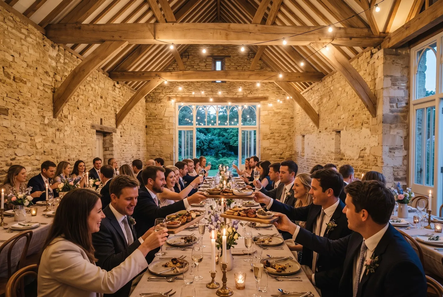 Guests share platters along the long tables at a wedding dinner in the Old Barn at Hotel Holly