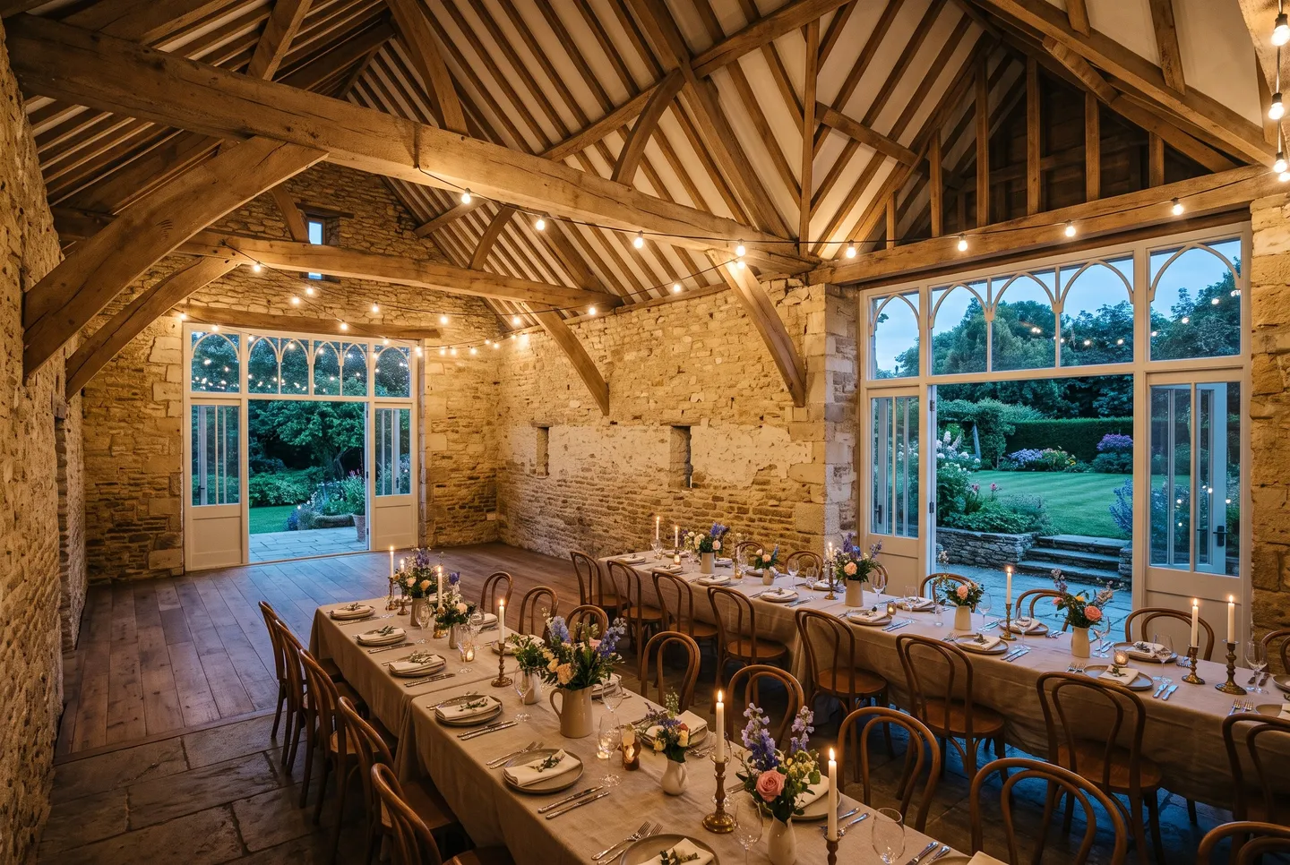 The Old Barn at Hotel Holly set for dinner, with oak beams, festoon lights and long tables