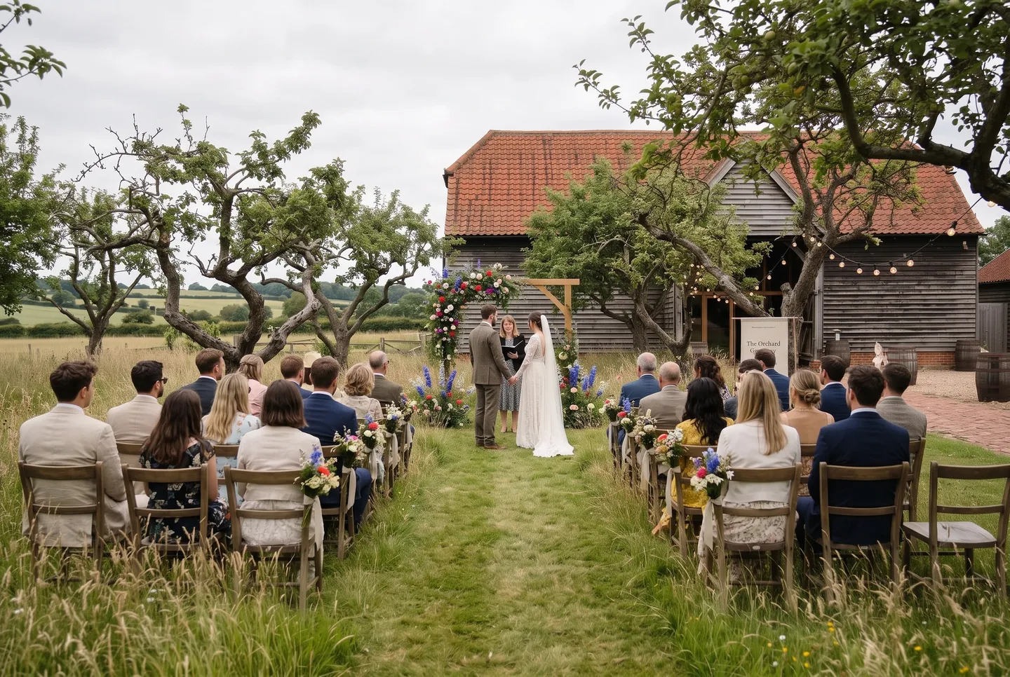 A couple exchange vows under a wildflower arch in the Orchard at The Wedding Barn