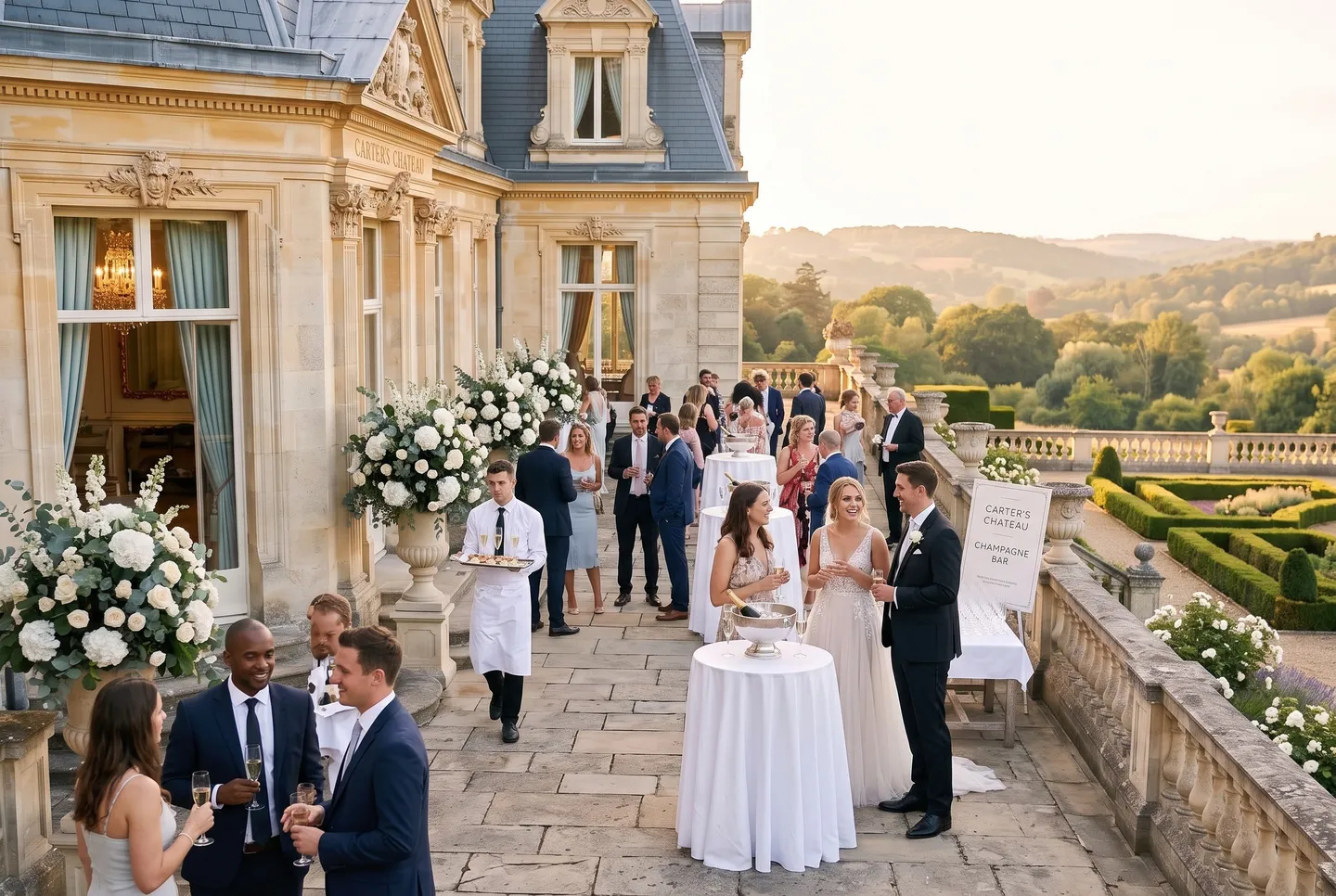 Guests mingle with champagne at a drinks reception on the South Terrace at Carter’s Chateau