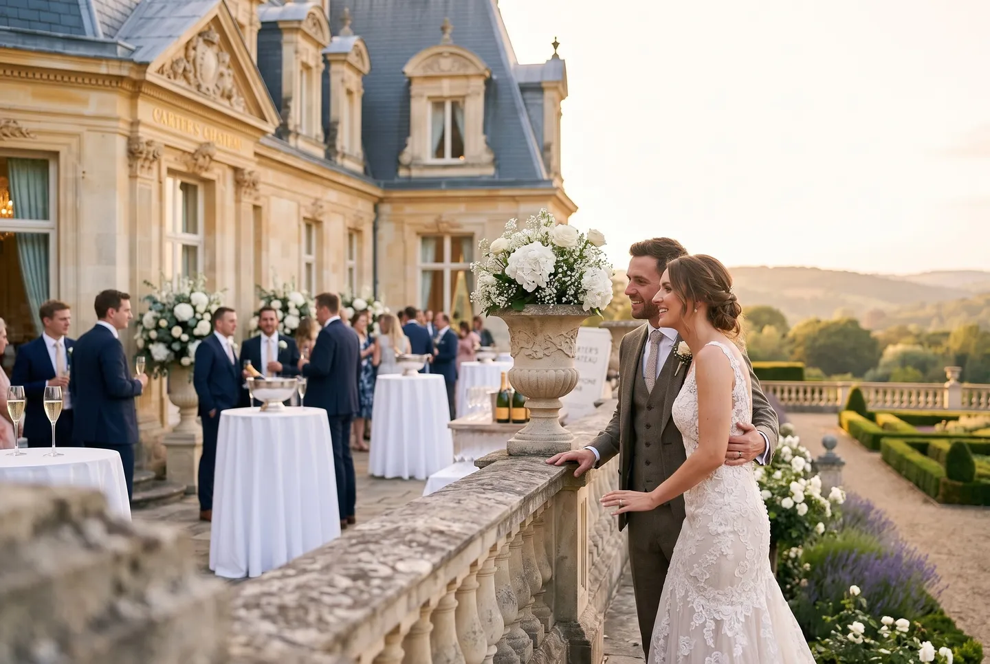 A couple lean on the balustrade of the South Terrace at Carter’s Chateau, looking out over the hills at sunset