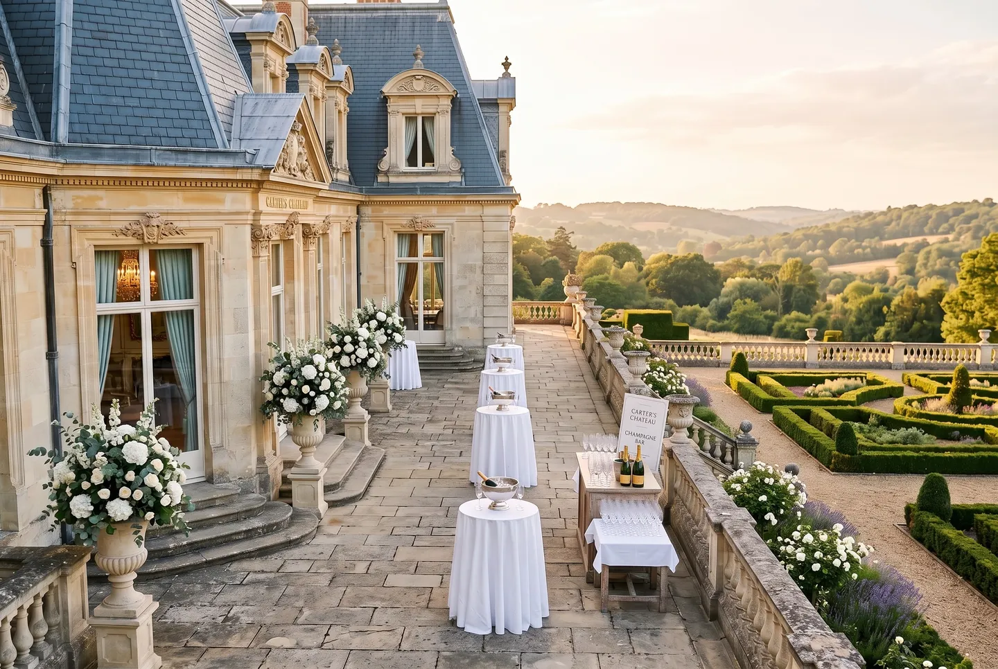 The South Terrace at Carter’s Chateau set for drinks, overlooking the parterre and wooded hills