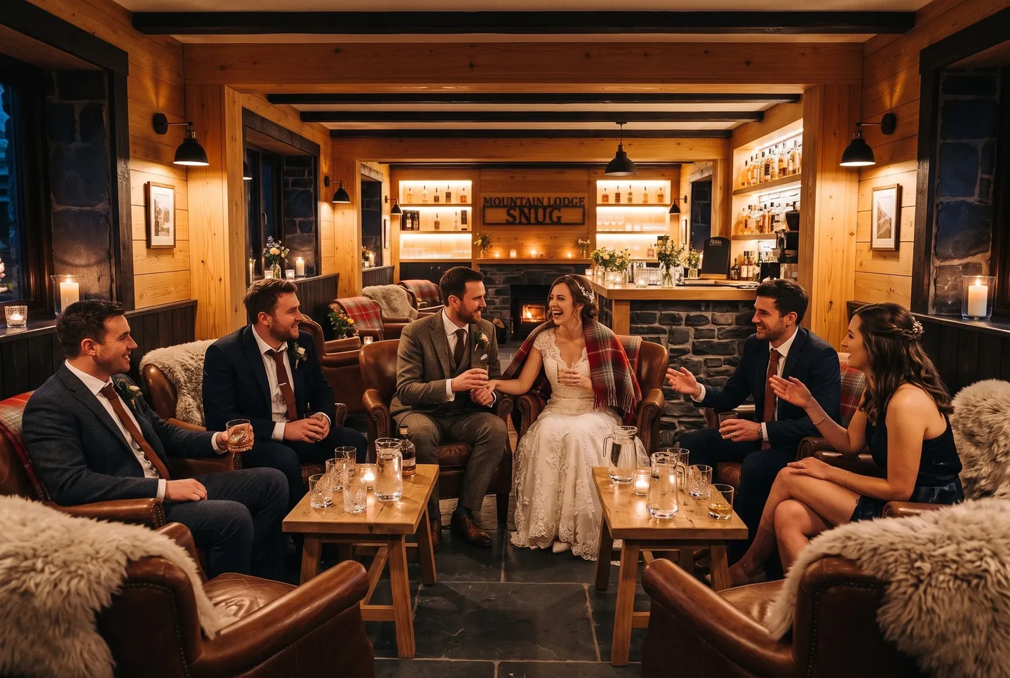 Guests with whisky sit in leather armchairs by the fire in the Snug at Mountain Lodge