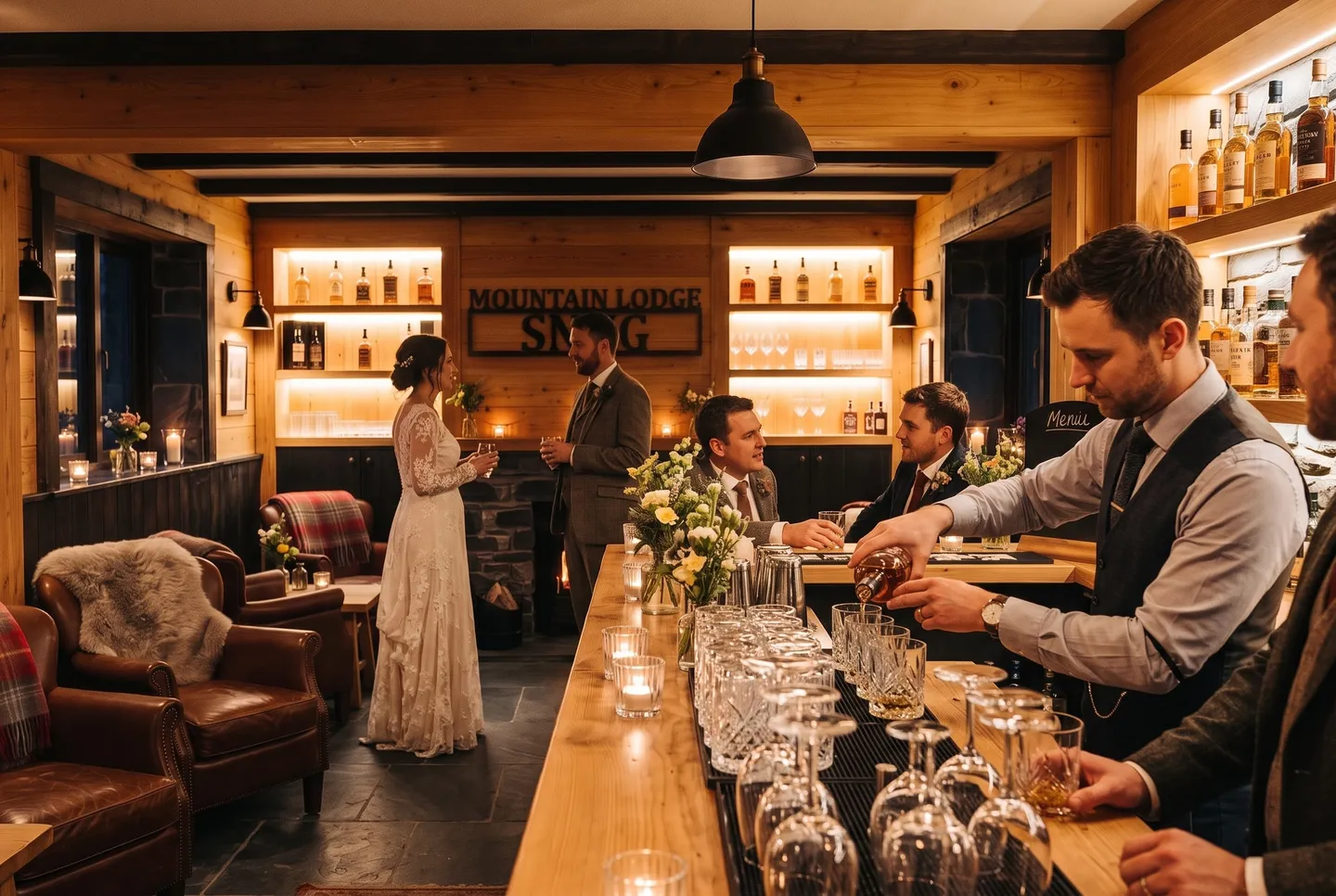 A bartender pours a line of whiskies for wedding guests in the Snug at Mountain Lodge
