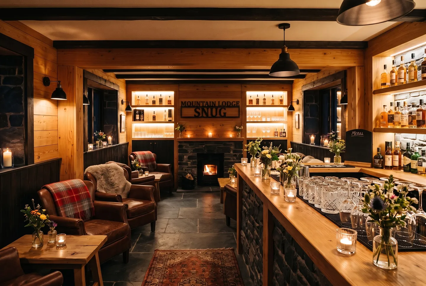 The Snug at Mountain Lodge, with leather armchairs, a stone fireplace and a backlit whisky bar