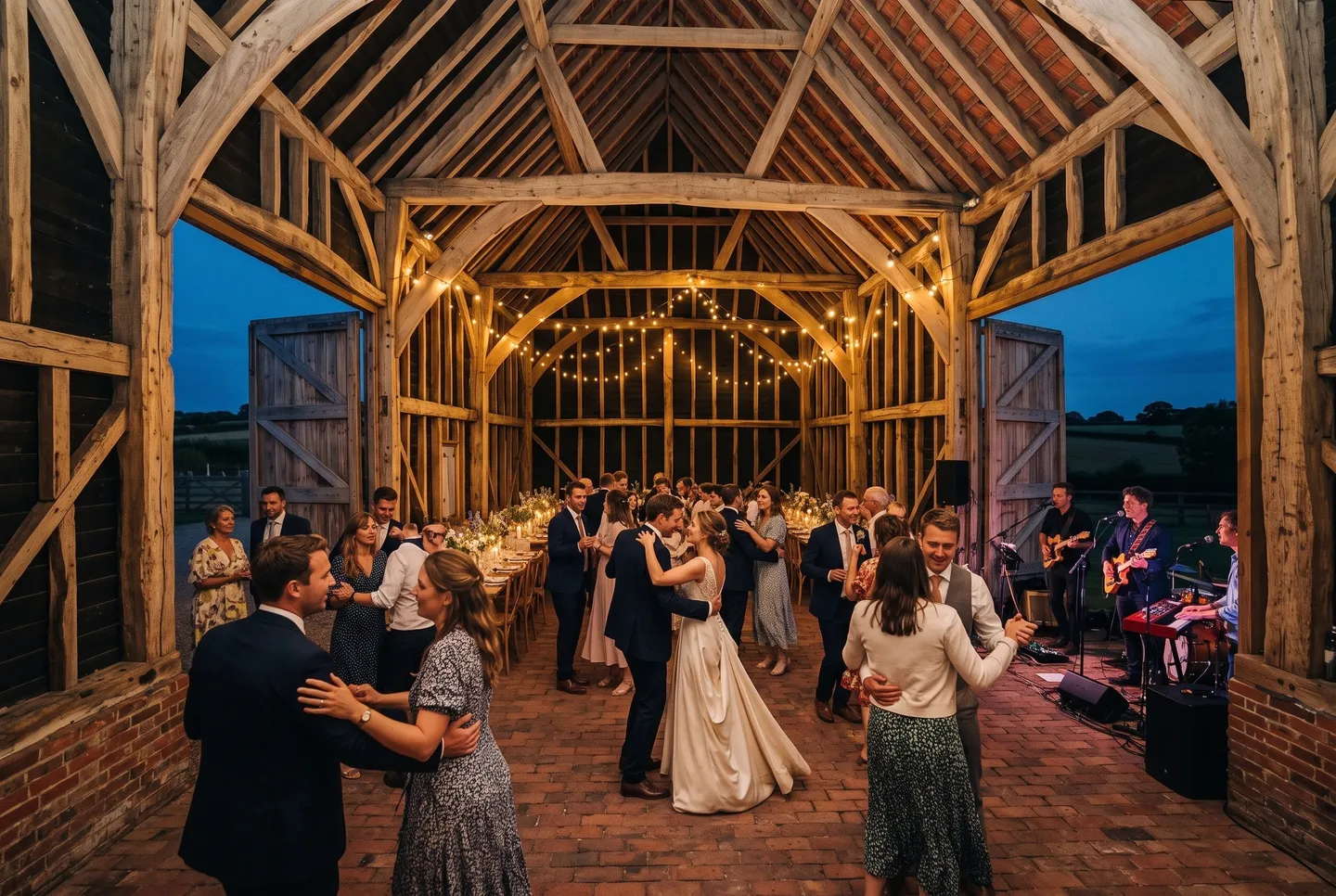Guests dance under festoon lights as a band plays in the Threshing Barn at The Wedding Barn