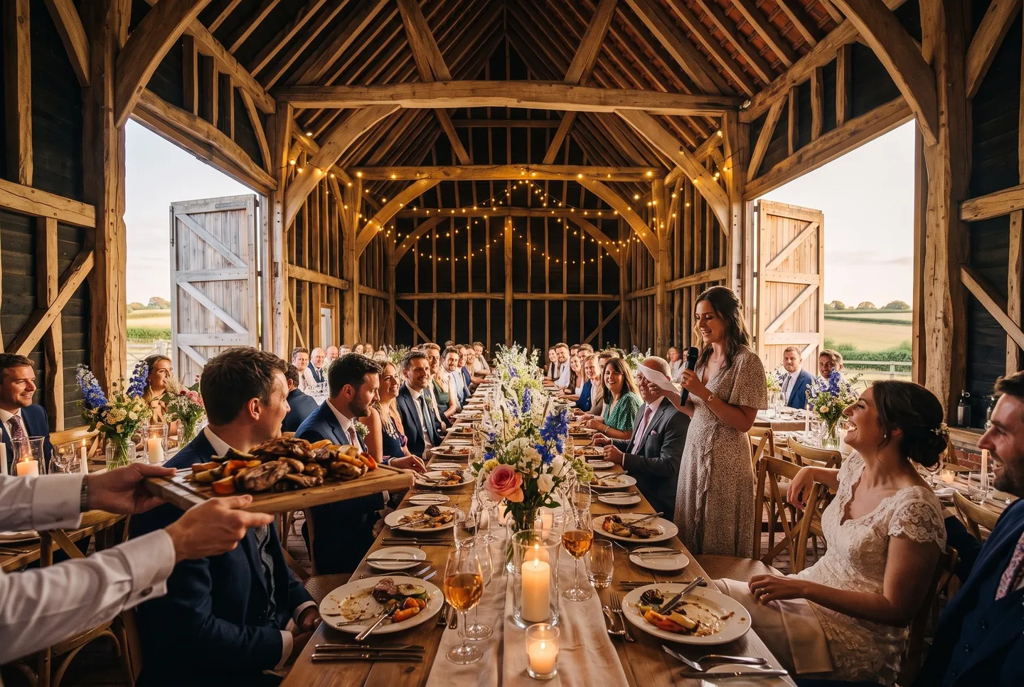 The bride’s sister gives a speech at a wedding dinner in the Threshing Barn at The Wedding Barn