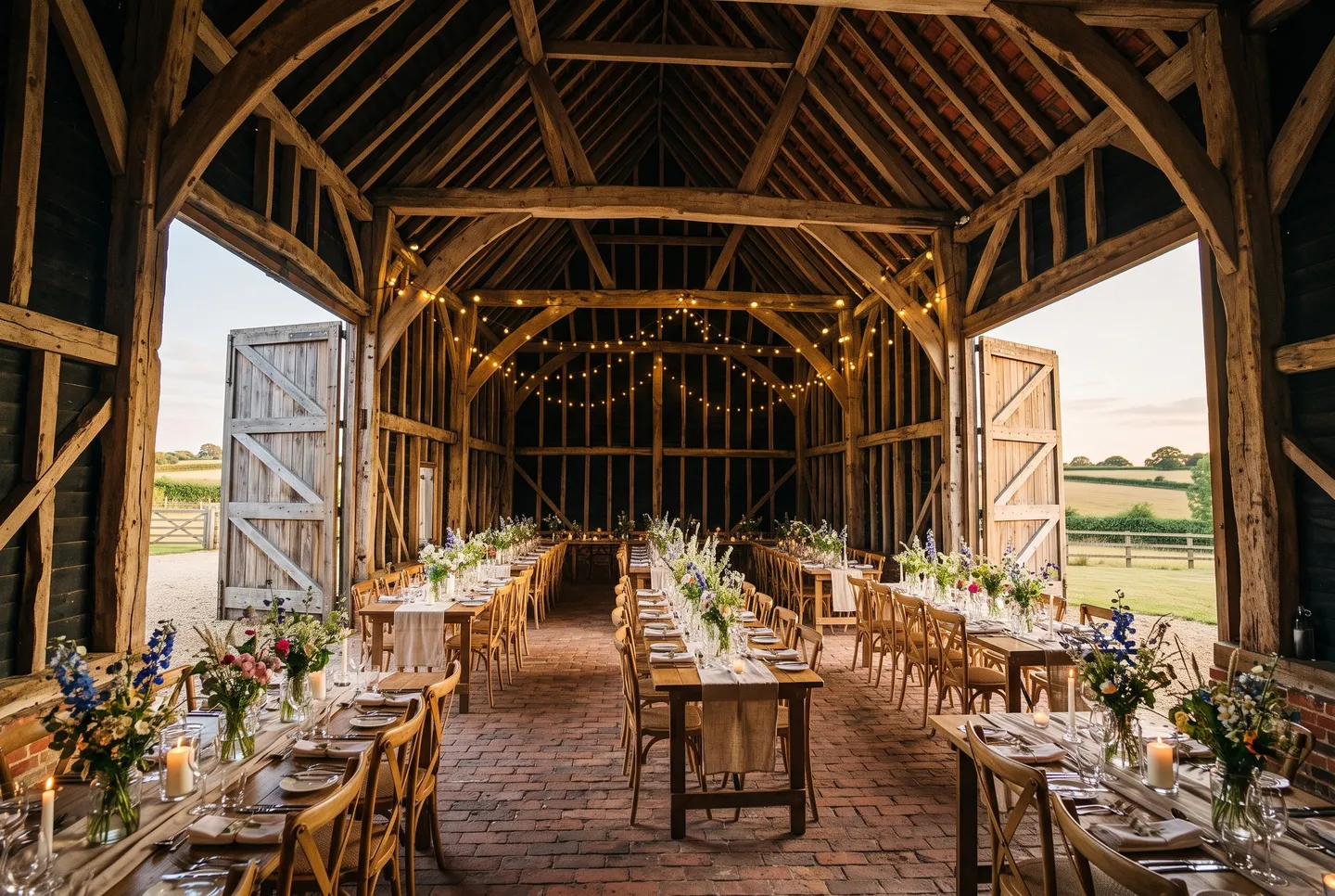 The Threshing Barn at The Wedding Barn set for dinner, with oak trusses, a brick floor and long trestle tables